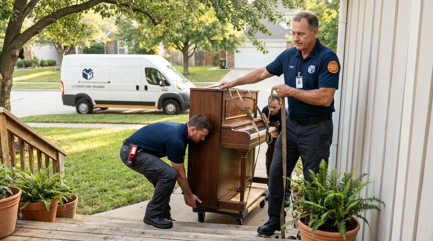 Licensed piano movers securing grand piano in Wellston, OH