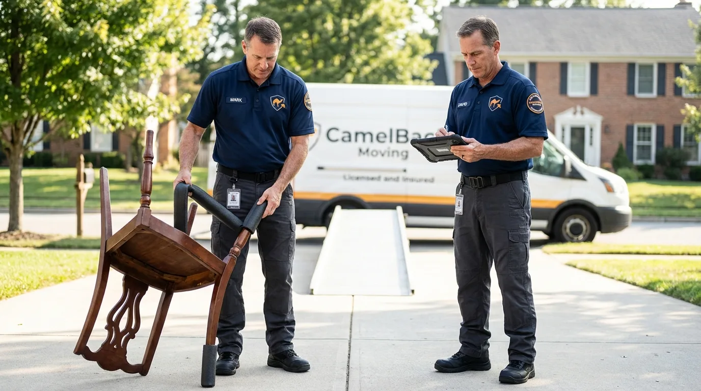 Movers inspecting furniture for damage prevention before loading in Wellston, OH